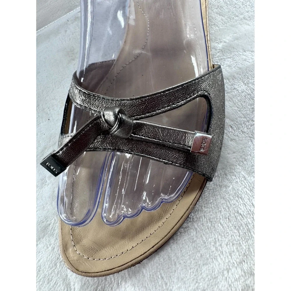 Tod's Heel Sandals Women 38 Silver Metallic Pewter Leather Bow Slip-On Comfort‎